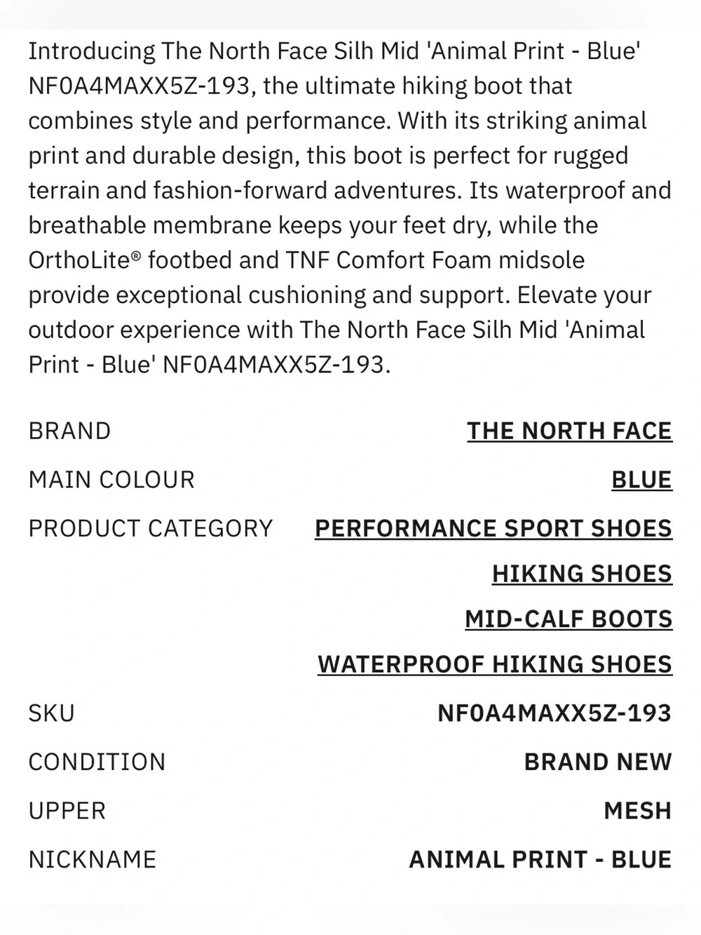 North Face Sihl Mid Waterproof Hiking Shoes Boots sz 8 Blue Mesh Animal Print
